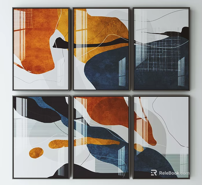 Modern Abstract Wall Art Set With Orange Blue Geometric Patterns And Irregular Shapes 3d model