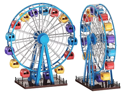 Two Colorful Ferris Wheels with Blue Frames and Multicolored Cabins 3d model