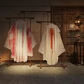 Traditional Hanfu Display With Different Colored Robes On Wooden Stands Chinese Lanterns And Carved Screens