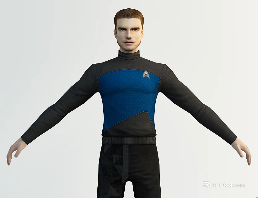 A Man in Blue Black Turtleneck with Chest Insignia and Arms Outstretched in Uniform Style 3d model 