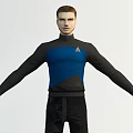 A Man in Blue Black Turtleneck with Chest Insignia and Arms Outstretched in Uniform Style