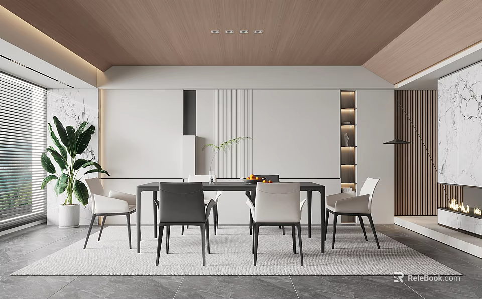 Modern Open Concept Restaurant Interior With Dining Table And Green Plants 3d model