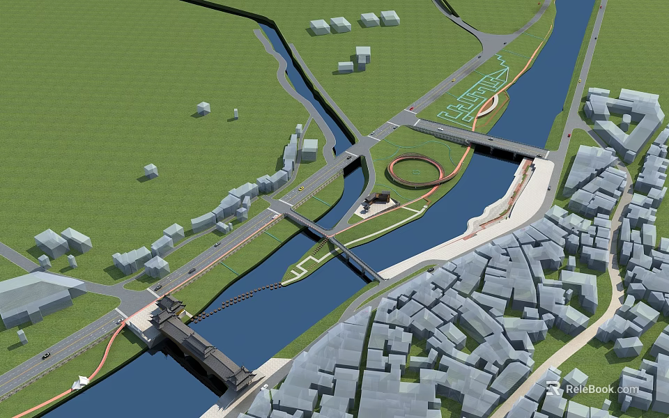 Aerial Urban Planning Design With River Roads Bridges And Green Spaces 3d model 