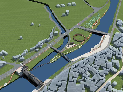 Aerial Urban Planning Design With River Roads Bridges And Green Spaces 3d model