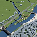 Aerial Urban Planning Design With River Roads Bridges And Green Spaces