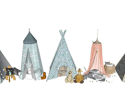 Colorful Kids Play Tents With Various Styles And Stuffed Animal Toys 3d model