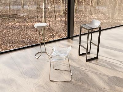 Modern Bar Stools With Transparent And Metal Frame Designs By Large Windows Natural View Wooden Floor 3d model