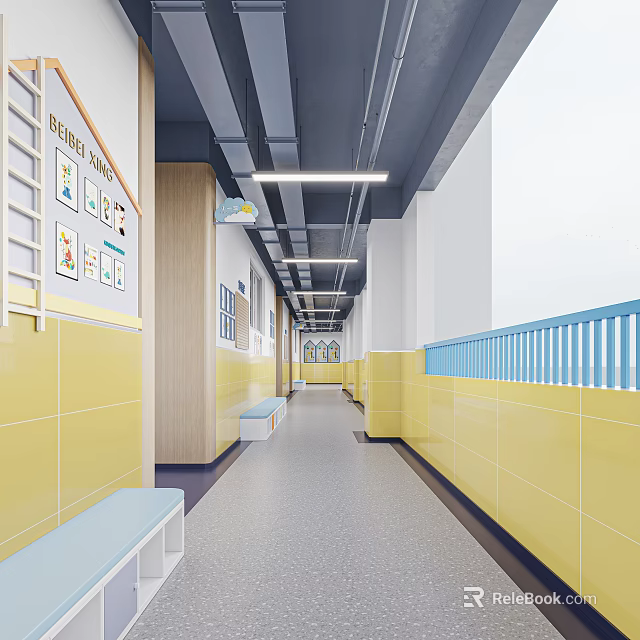 Elevator Corridor With Yellow Walls Blue Railings Benches And Friendly Class Posters 3d model