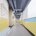 Elevator Corridor With Yellow Walls Blue Railings Benches And Friendly Class Posters 3d model