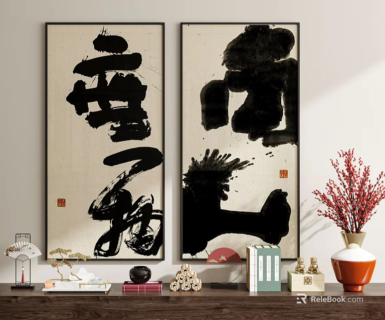 Abstract Calligraphy Paintings As Wall Art In Living Room With Decorative Shelf And Ornaments 3d model 