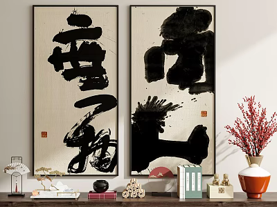Abstract Calligraphy Paintings As Wall Art In Living Room With Decorative Shelf And Ornaments 3d model