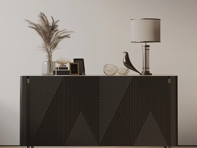 Black Geometric Pattern Entryway Console Table With Dried Pampas Grass Books Lamp Bird Figurine Decor 3d model