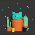 Game Character Blue Cat Face In Orange Pot With Small Cacti And Floating Blue Dots