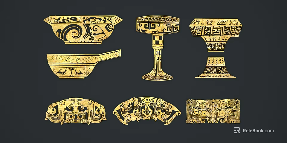 Golden Traditional Carvings On Ancient Decorative Vessels And Ornaments With Intricate Patterns 3d model 