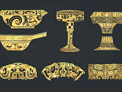 Golden Traditional Carvings On Ancient Decorative Vessels And Ornaments With Intricate Patterns 3d model