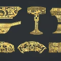 Golden Traditional Carvings On Ancient Decorative Vessels And Ornaments With Intricate Patterns