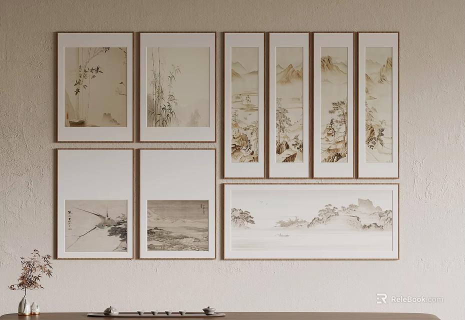 Multiple Chinese Traditional Landscape Flower Paintings Framed on Light Wall for Interior Decoration 3d model 