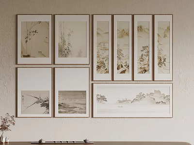 Multiple Chinese Traditional Landscape Flower Paintings Framed on Light Wall for Interior Decoration 3d model
