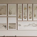 Multiple Chinese Traditional Landscape Flower Paintings Framed on Light Wall for Interior Decoration