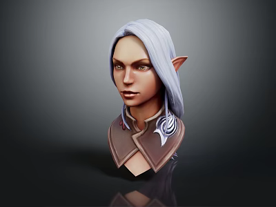 Elf Character 3D Model Bust Featuring Silver Gray Long Hair Pointed Ears And Decorative Collar 3d model