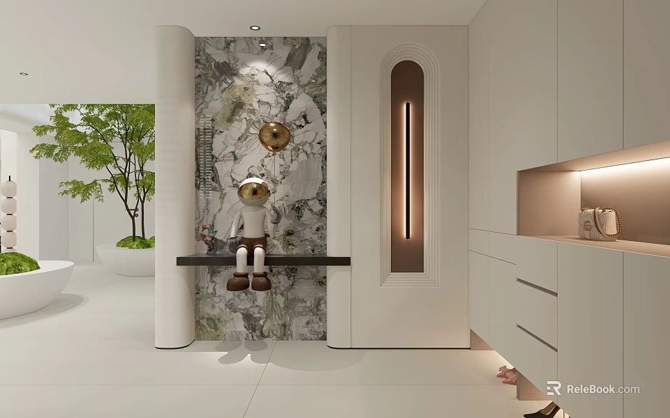 Modern Basement Interior With Cabinets Art Wall Plants And Doll 3d model