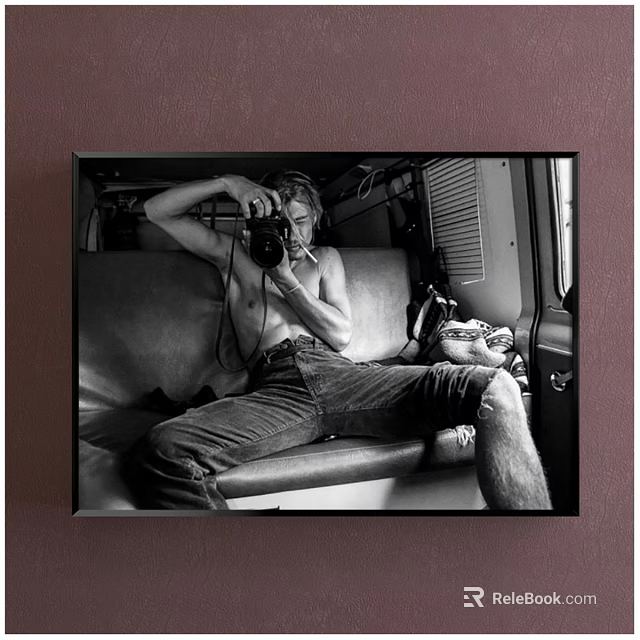 Shirtless Male Portrait Painting on Sofa Holding Camera in Car Interior Black White Style 3d model 