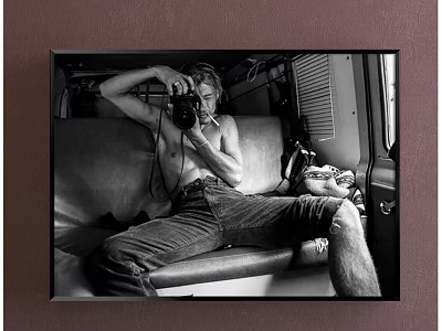 Shirtless Male Portrait Painting on Sofa Holding Camera in Car Interior Black White Style 3d model