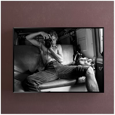 Shirtless Male Portrait Painting on Sofa Holding Camera in Car Interior Black White Style 3d model