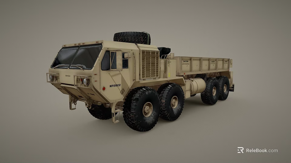 Military Green Large Functional Vehicle With Multi Wheel Cargo Bed And Spare Tire 3d model 