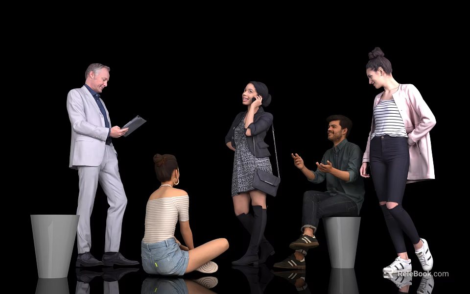 People Standing Sitting Using Tablet And Talking On Phone In Black Background Scene 3d model