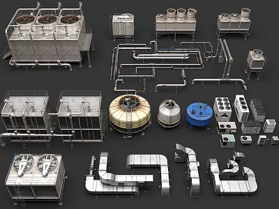 Industrial Equipment Including Cooling Towers Storage Tanks Metal Pipes And Ventilation Ducts 3d model