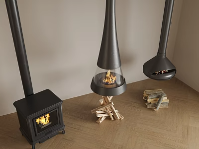 Different Types of Fireplace Designs with Glass Enclosed and Hanging Models and Firewood 3d model
