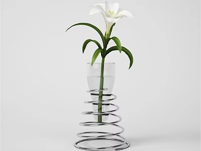 Transparent Glass Vase With Spiral Design Holding White Lily And Green Leaves 3d model