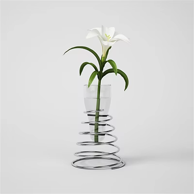 Transparent Glass Vase With Spiral Design Holding White Lily And Green Leaves 3d model
