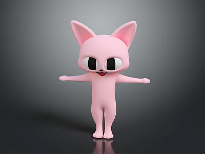 Pink Cartoon Cat Like Creature Character With Big Ears Large Eyes And Open Arms 3d model