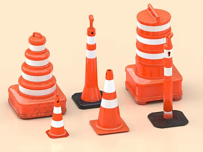 Road Facilities Featuring Orange And White Striped Traffic Cones And Barriers In Various Sizes 3d model