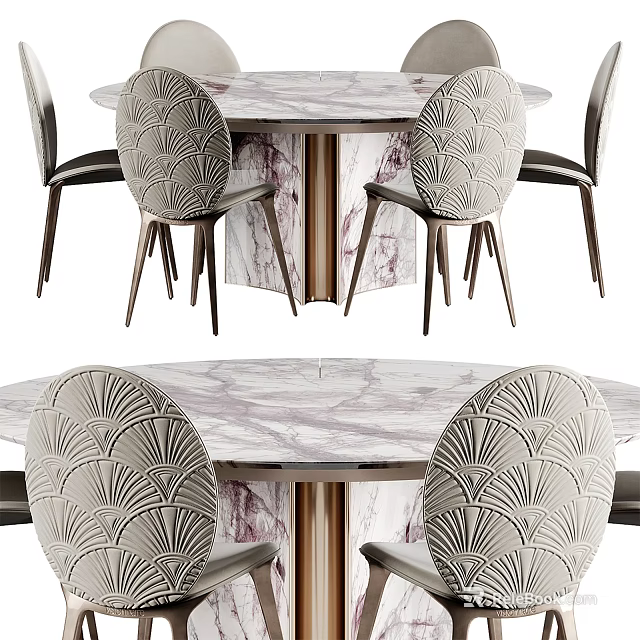 Elegant Modern Round Dining Table Set With Marble Top Metal Base And Scalloped Back Chairs 3d model 