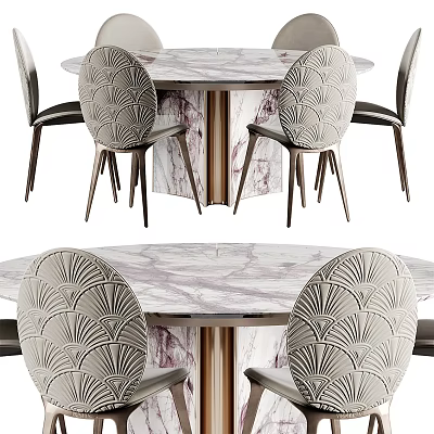 Elegant Modern Round Dining Table Set With Marble Top Metal Base And Scalloped Back Chairs 3d model