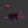 Rustic Cooking Scene With Roasted Chicken Clay Pot Wooden Stool Firewood And Charcoal