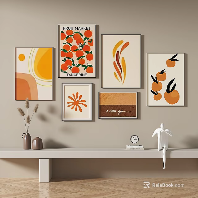 Vibrant Fruit Themed Wall Art With Abstract Patterns And Shelf Decor Items 3d model
