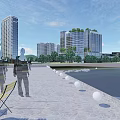 Modern Urban High Rise Buildings With Green Roofs Waterfront Reflection And Blue Sky