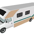 White Motorhome With Brown Blue Decorative Lines And Kitchen Appliances