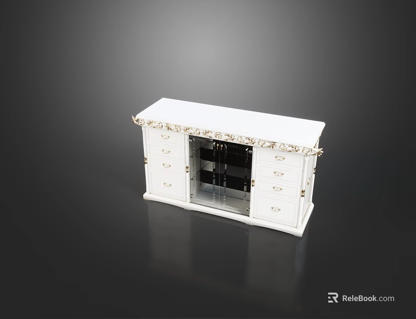 White TV Cabinet with Drawers and Decorative Trim for Living Room Setup 3d model 