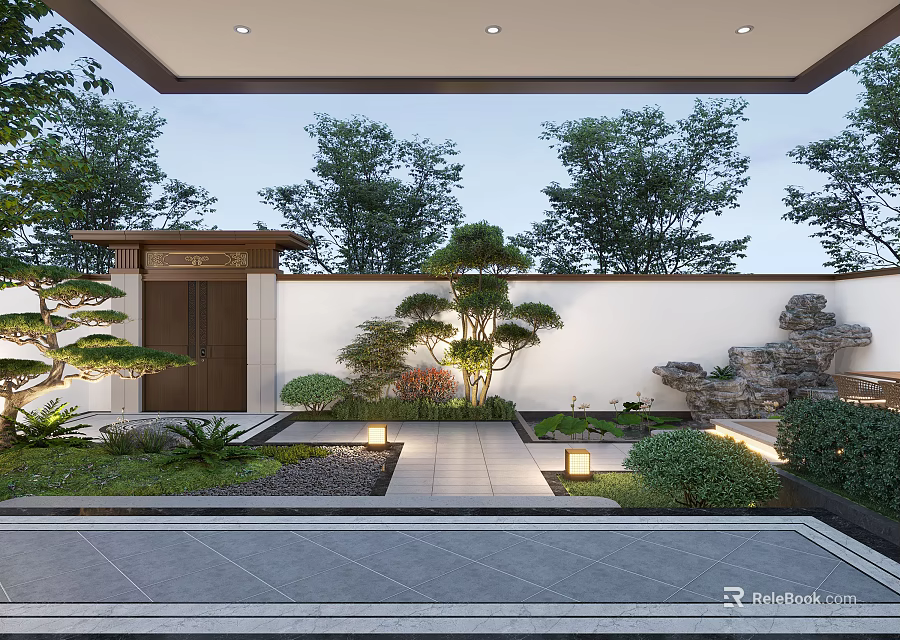 Traditional Chinese Garden Landscape With Wooden Gate White Wall Stone Rockery Green Plants Stone Path And Illuminated Lanterns 3d model 
