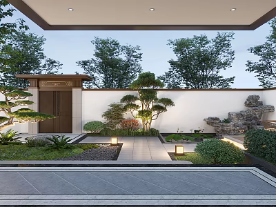 Traditional Chinese Garden Landscape With Wooden Gate White Wall Stone Rockery Green Plants Stone Path And Illuminated Lanterns 3d model