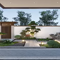 Traditional Chinese Garden Landscape With Wooden Gate White Wall Stone Rockery Green Plants Stone Path And Illuminated Lanterns