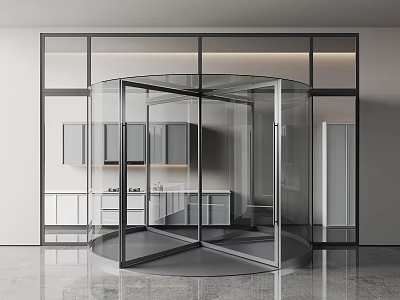Modern Glass Revolving Door Interior with Sleek Metal Frame and Reflective Floor 3d model