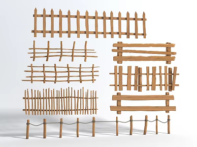 Various Wooden Garden Fence Designs Featuring Picket Rope And Horizontal Styles 3d model