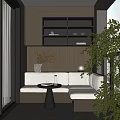 Cozy Home Balcony with L shaped Sofa Bench Small Round Table Bookshelf and Green Plant