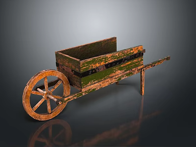 Antique Wooden Stone Wheelbarrow with Large Wooden Wheels and Green Mossy Patina 3d model